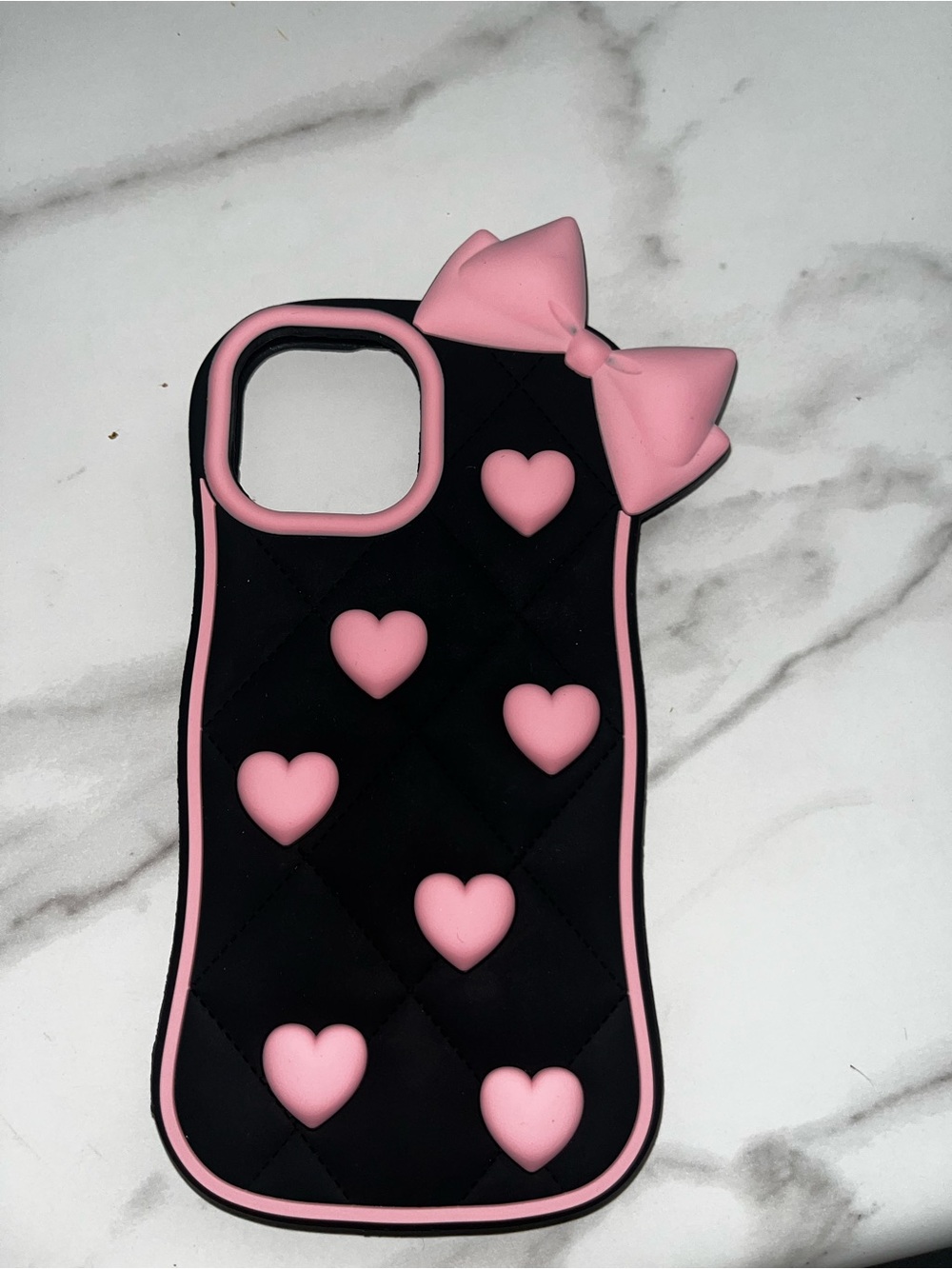 iPhone 15 Black Silicone Phone Case with Pink Hearts & Bow